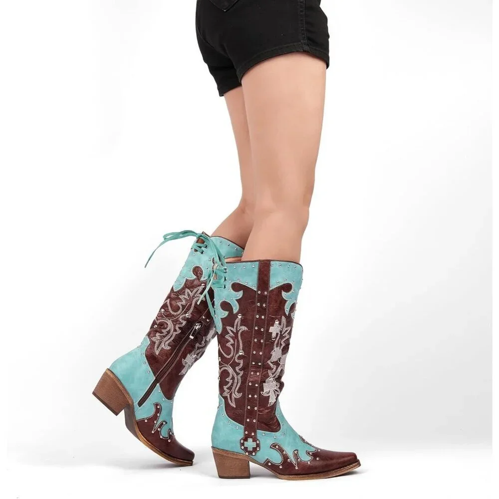 Women's Brown Embroidered Knee High Studded Two-Tone Pathwork Cowboy Boots